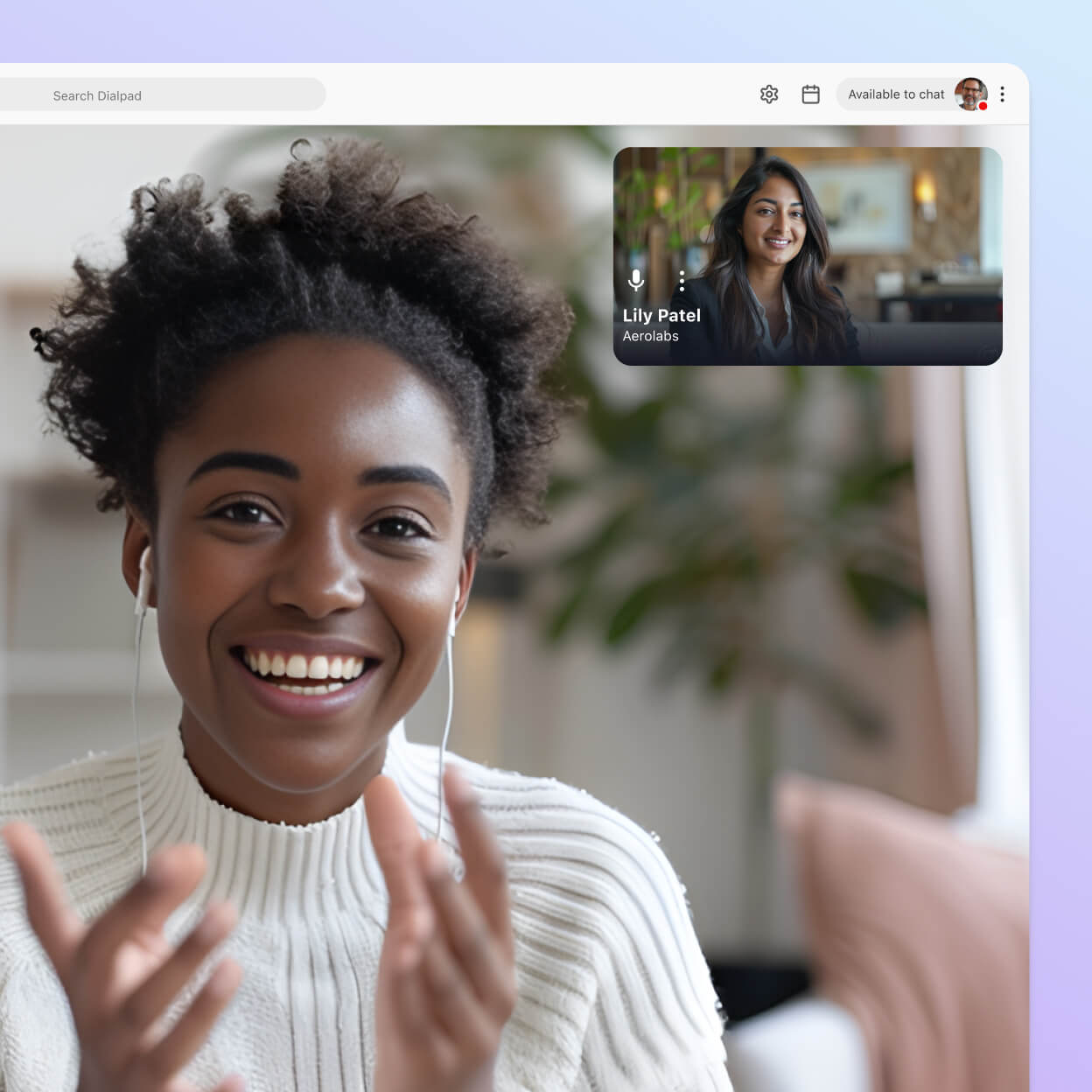 Screenshot of Dialpad's video conferencing interface displaying a video feed with two participants