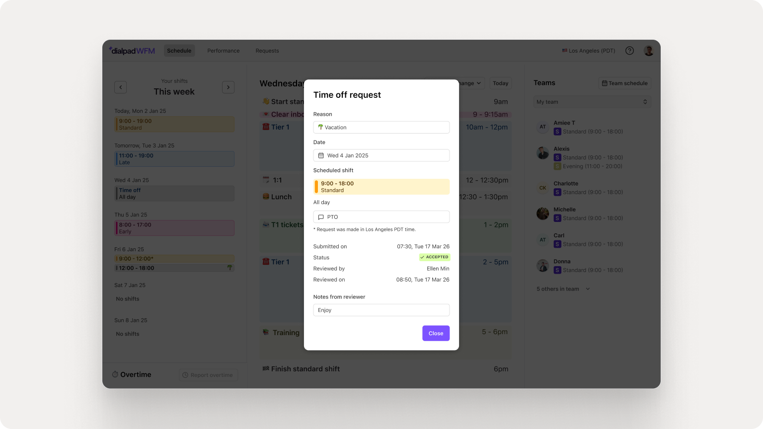 Submit & approve time-off requests directly inside WFM