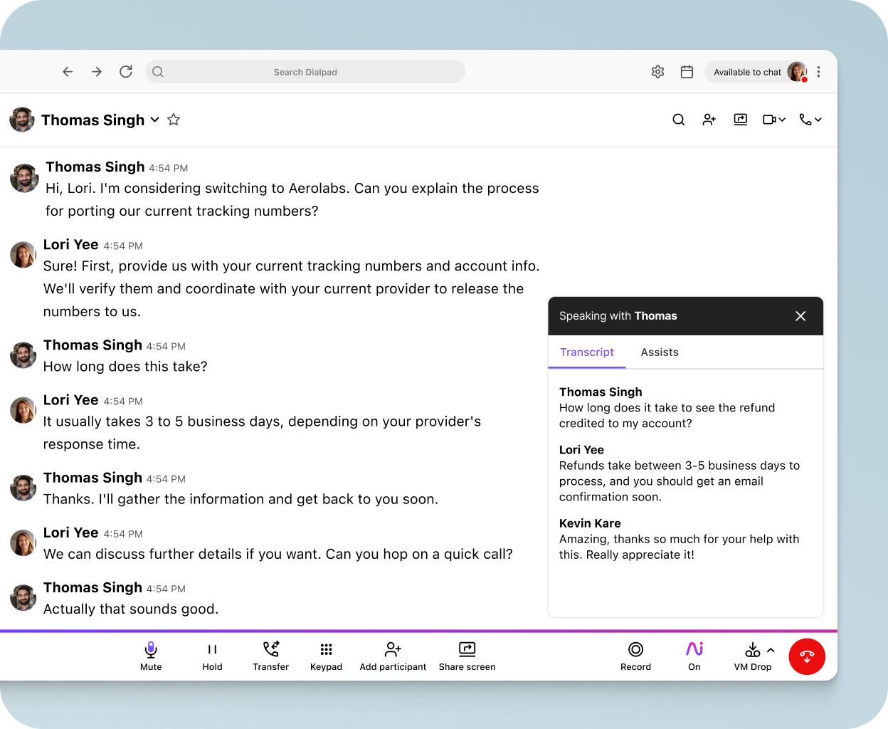 Screenshot of Dialpad AI transcribing a phone call in real time.
