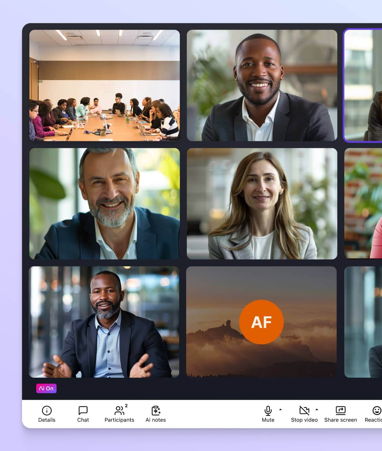 Screenshot of Dialpad's video conferencing feature in grid view, displaying multiple participant video feeds