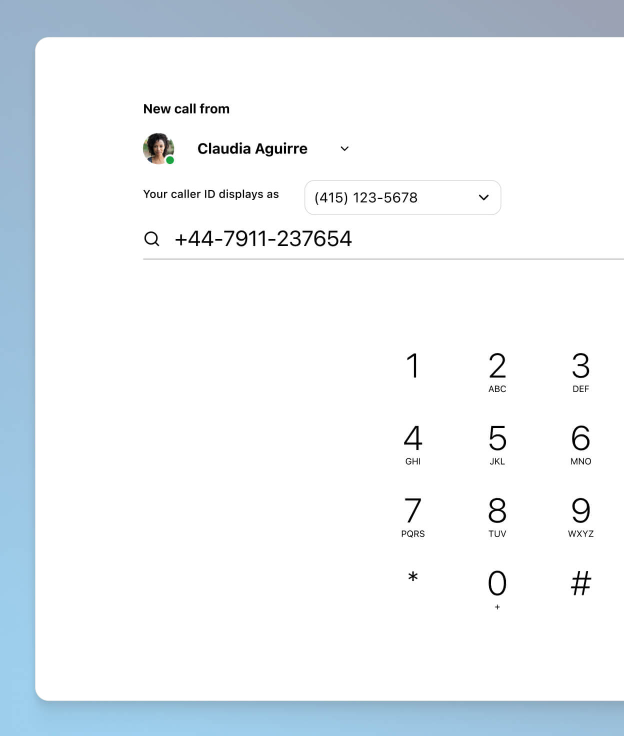Screenshot of choosing a caller ID to display when making a work call using Dialpad-s app