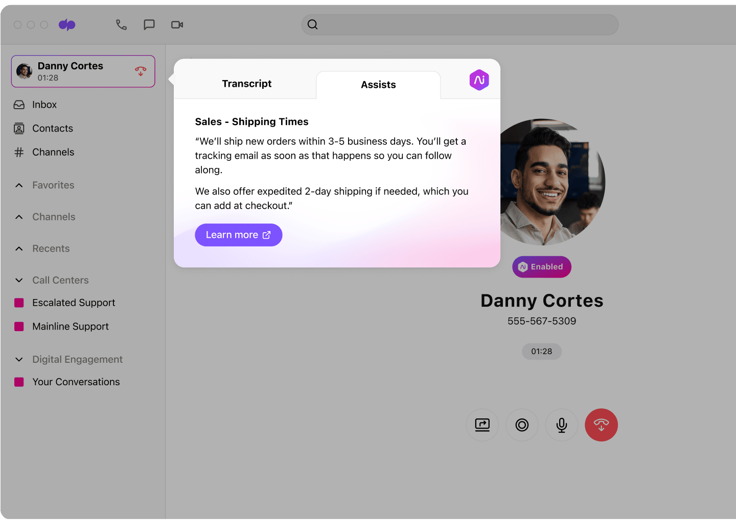 Screenshot of Dialpad’s real time assist card feature popping up helpful notes for an agent or rep when a tricky question comes up on a call