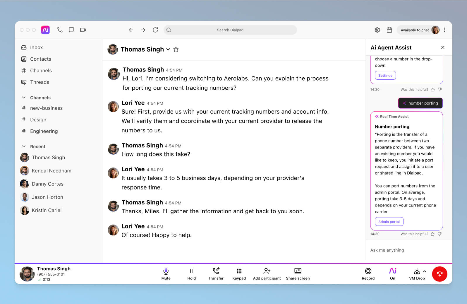 Screenshot of Dialpads real time assist card feature popping up helpful notes about number porting for an agent