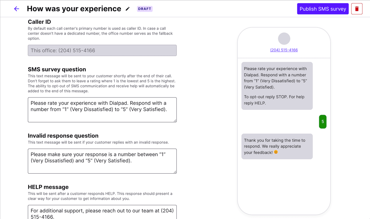 A screenshot of creating a SMS survey in the Dialpad app with the details of the survey on the left an a mockup of a phone with a preview of the survey on the right