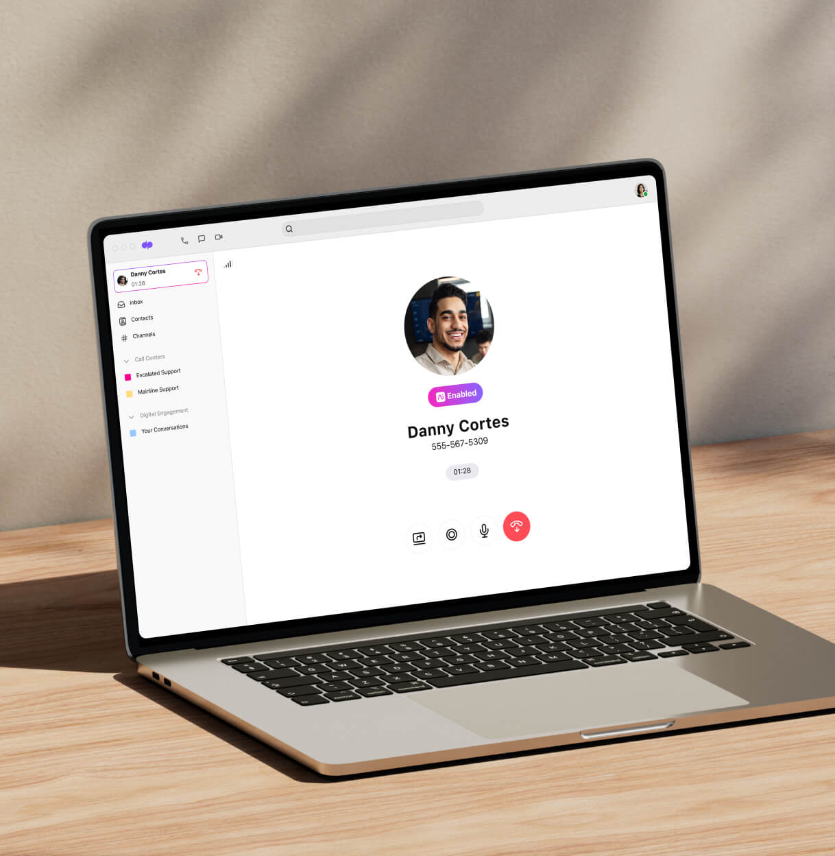 A computer showing a screenshot of an active call screen in the Dialpad app