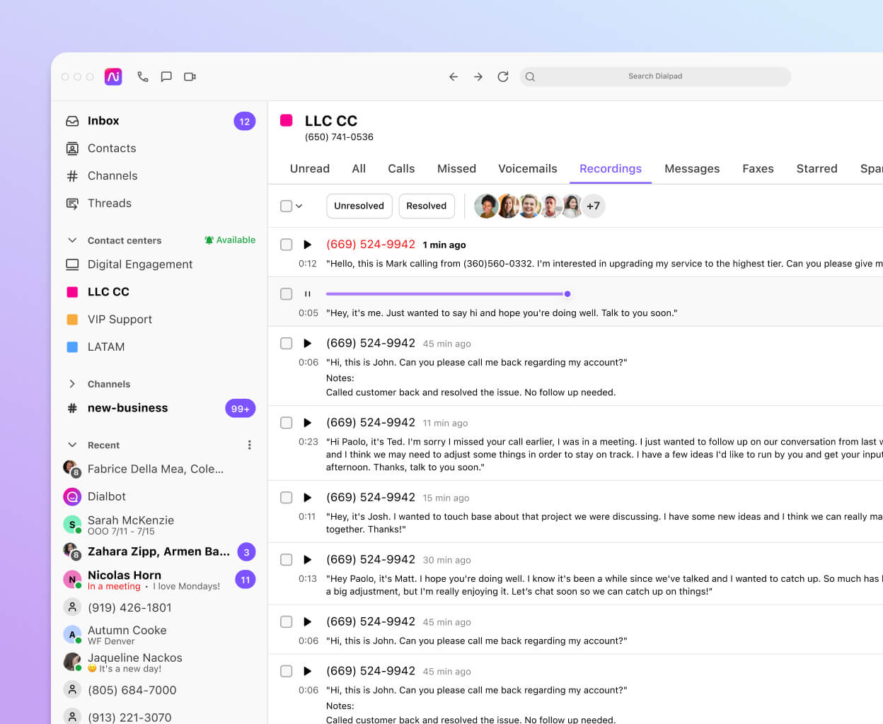 Screenshot of a list of recorded calls in Dialpad's app, showing caller IDs, times, and durations