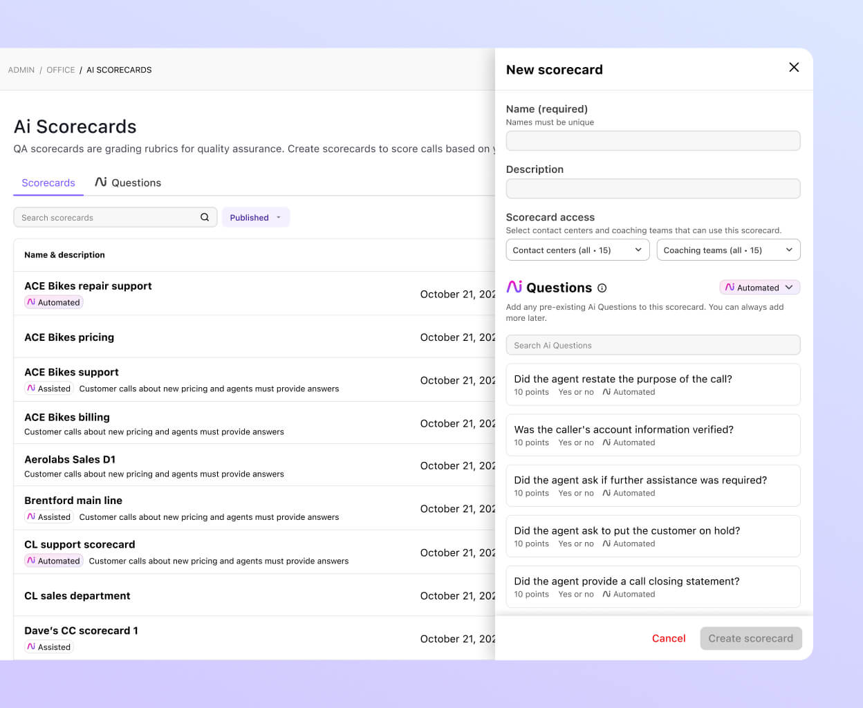 Screenshot of creating a Dialpad AI Scorecard in Dialpad’s online dashboard