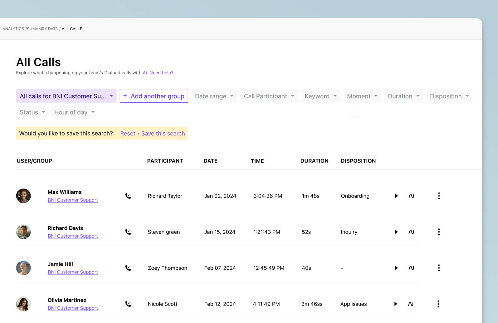 Screenshot showing all calls for BNI Customer Support in Dialpad