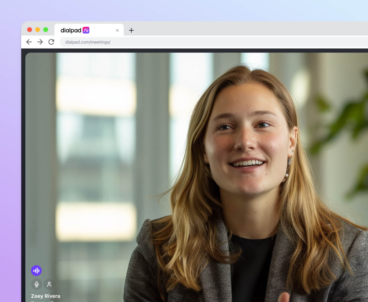 Screenshot of Dialpad's video conferencing interface displayed in a browser, showing a video feed with two participants