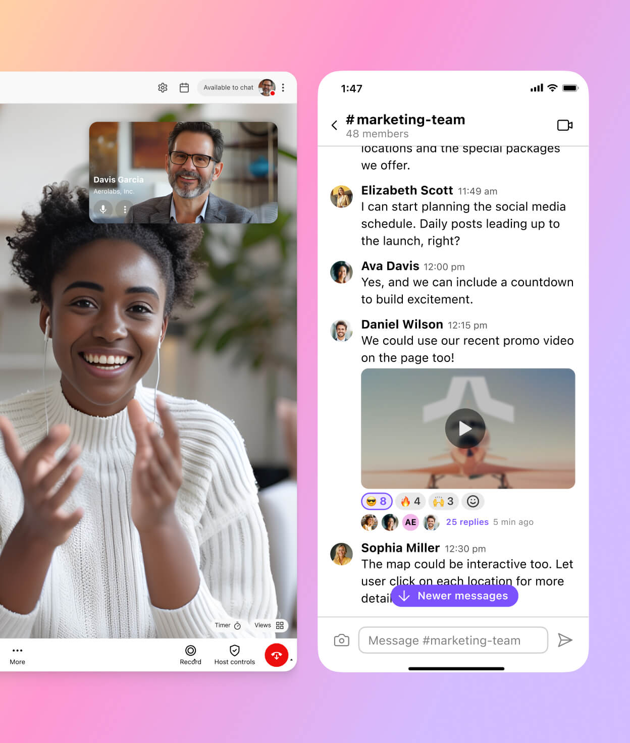 Screenshot of Dialpads video call and text messaging features
