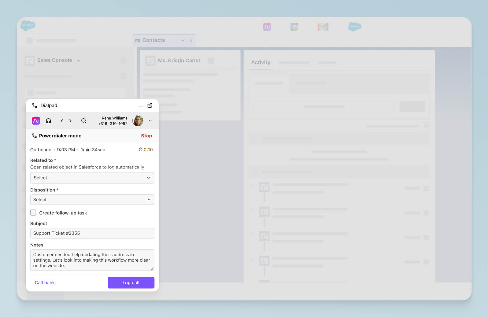 Screenshot of adding post-call notes in Dialpads integration with Salesforce