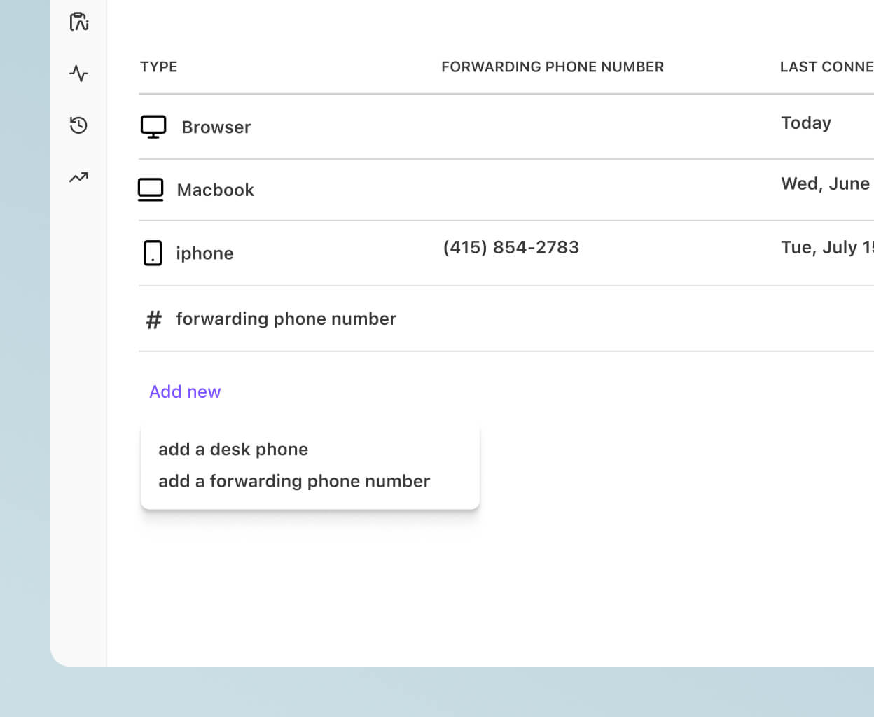 Screenshot of adding a call forwarding number from Dialpad’s online dashboard