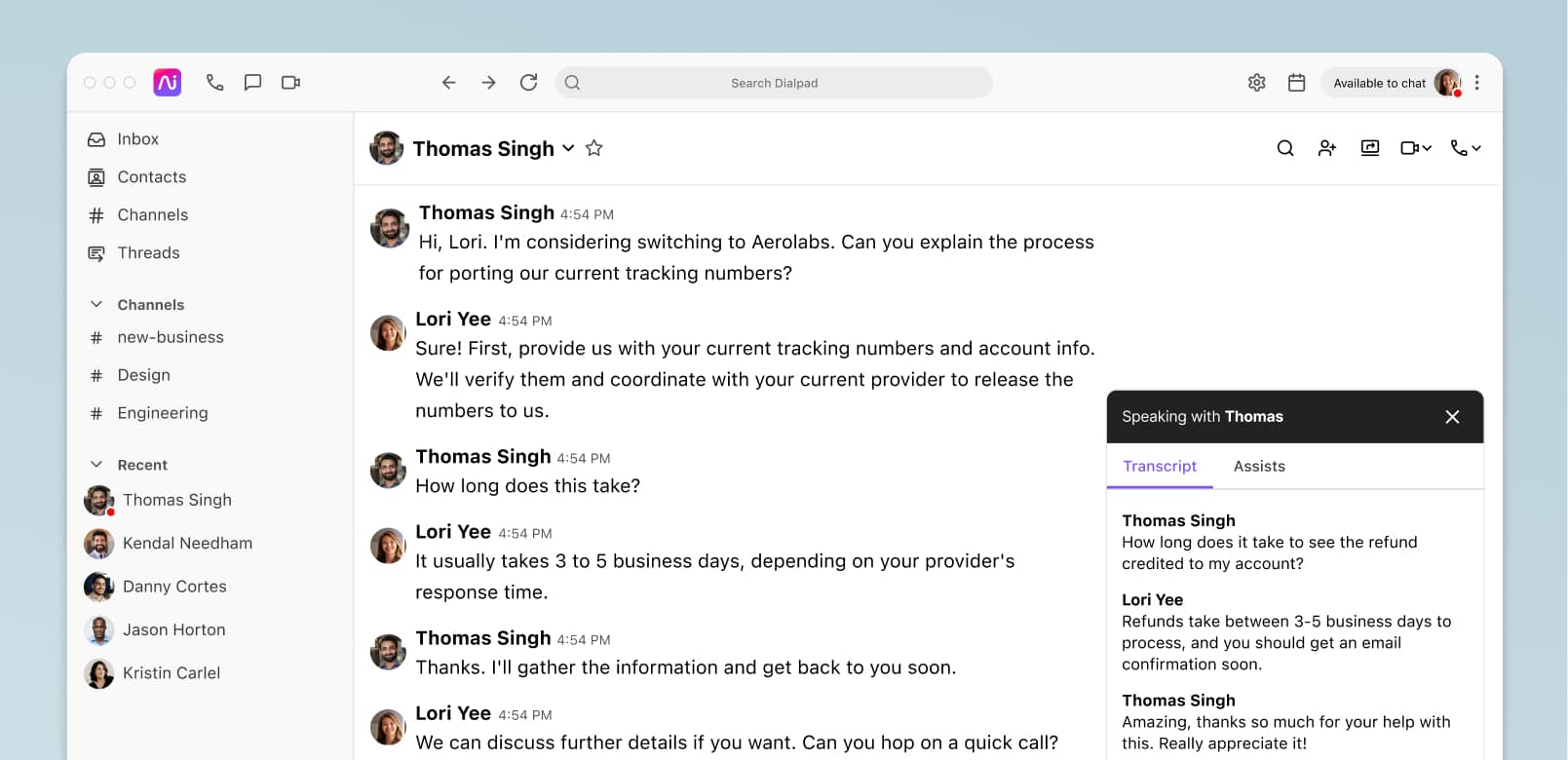 Screenshot of Dialpad Ai transcribing a phone call in real time
