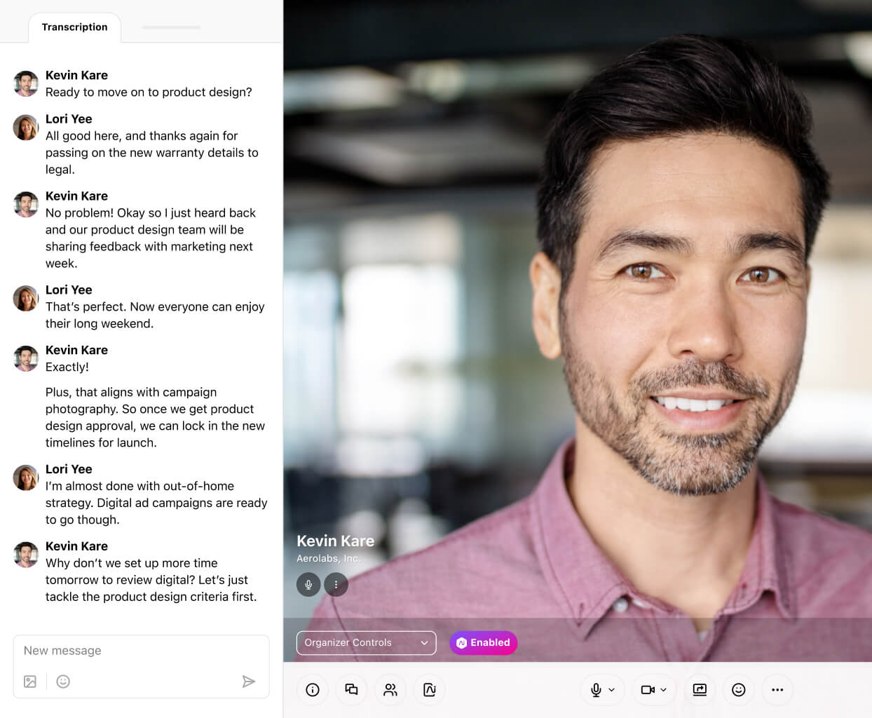 Screenshot of Dialpad AI transcribing a video call in real time