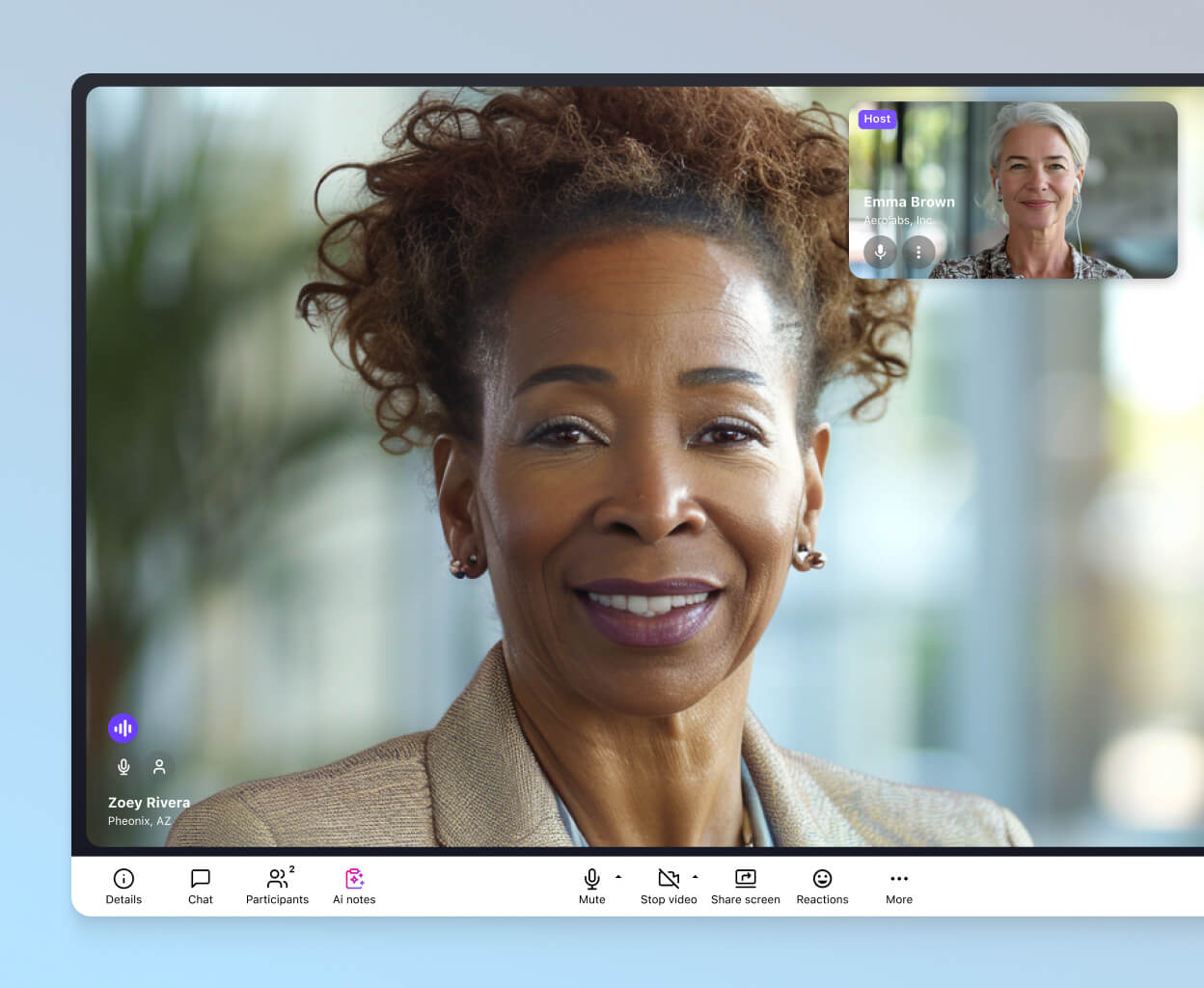 Screenshot of Dialpad's video conferencing interface displaying a video feed with two participants