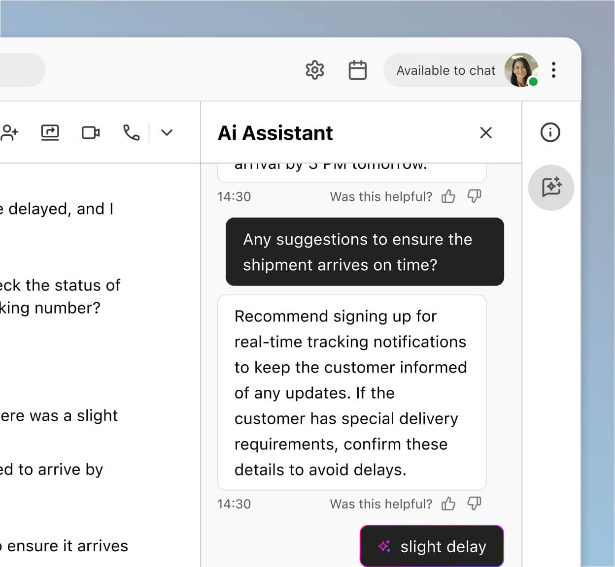 Screenshot of Dialpads real time assist card feature popping up helpful notes for an agent or rep when a tricky question comes up on a call