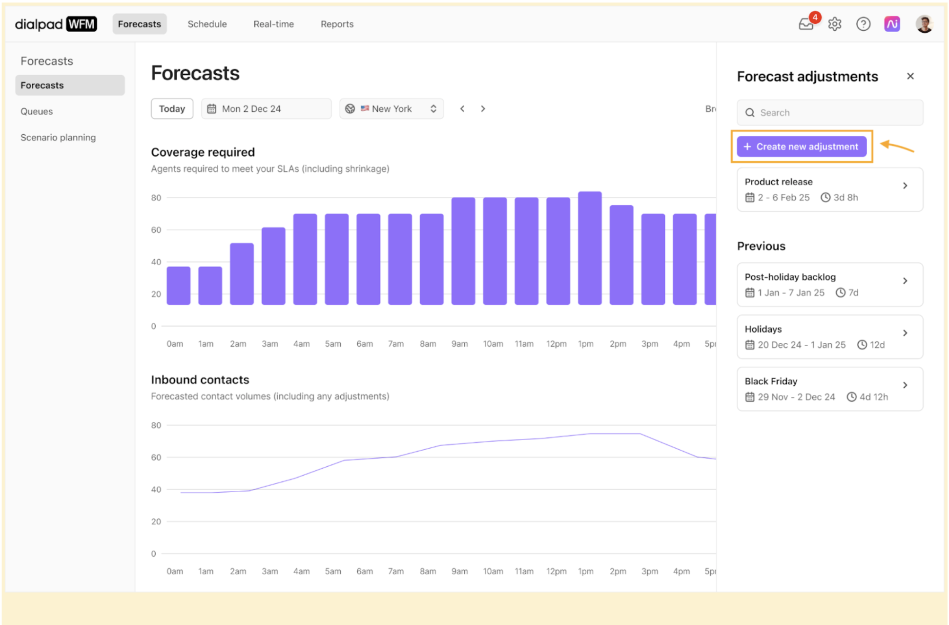 Screenshot of Dialpad WFM's Forecasts tool with Coverage required shown