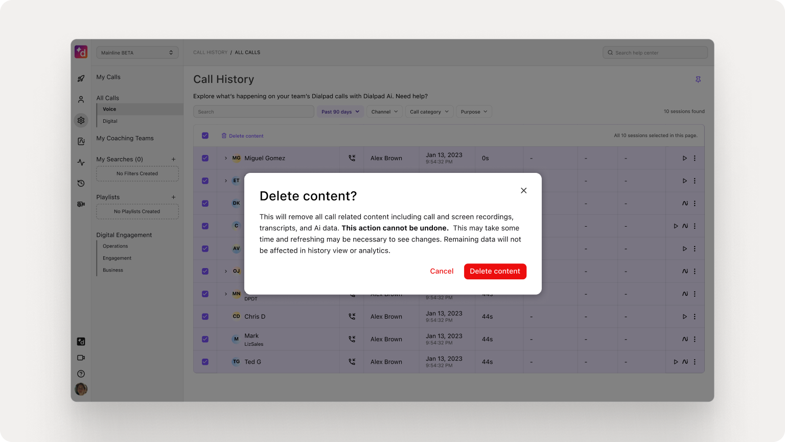 Bulk-delete and anonymize sensitive call history content