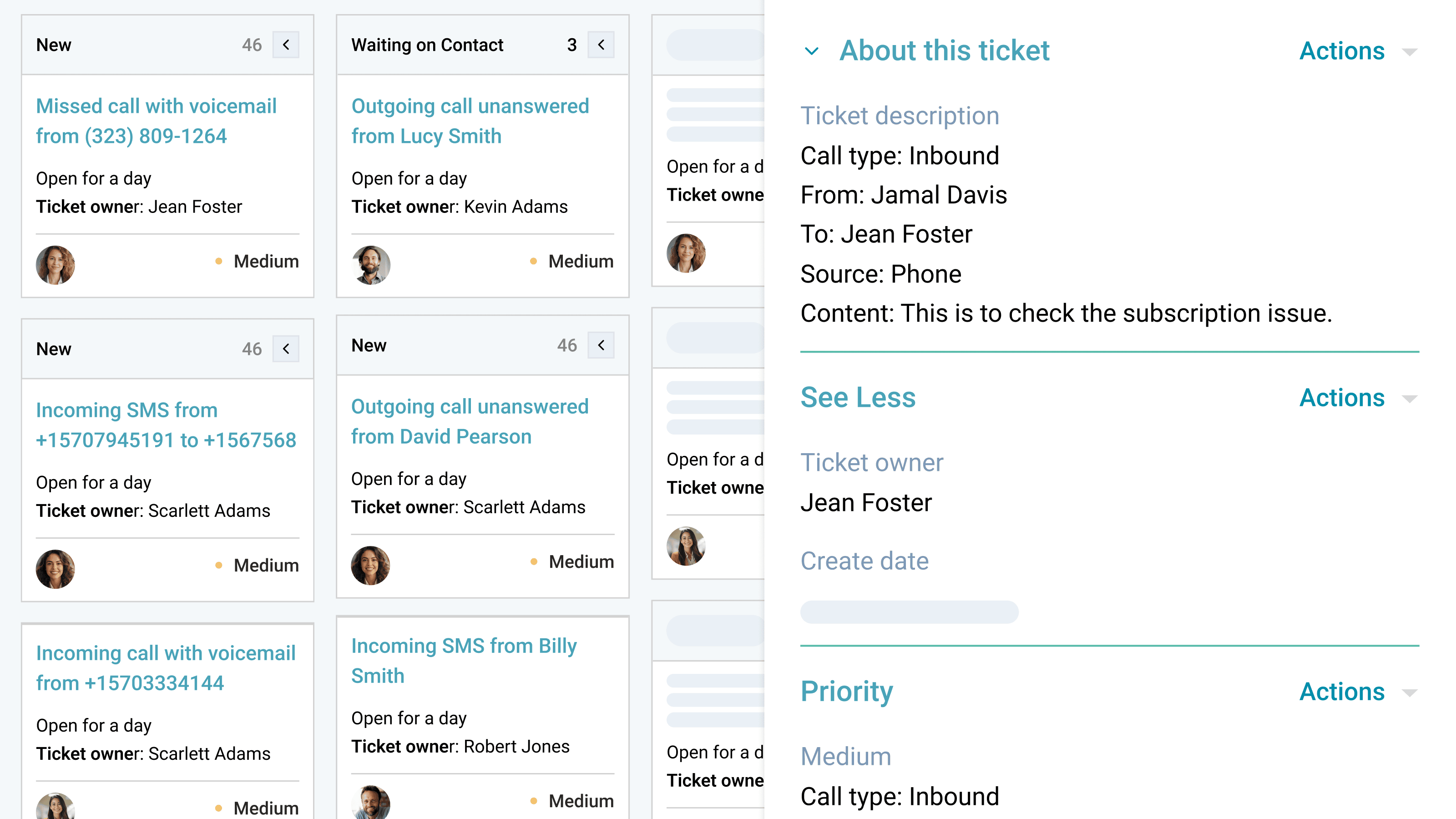 Create support tickets from events like incoming and missed calls