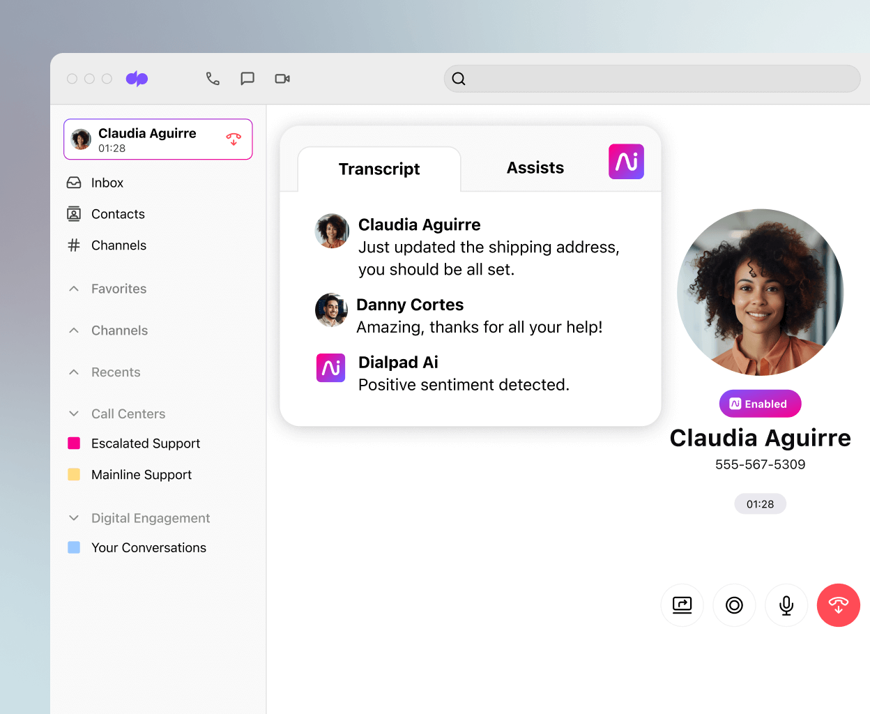Screenshot of Dialpad AI transcribing a phone call in real time