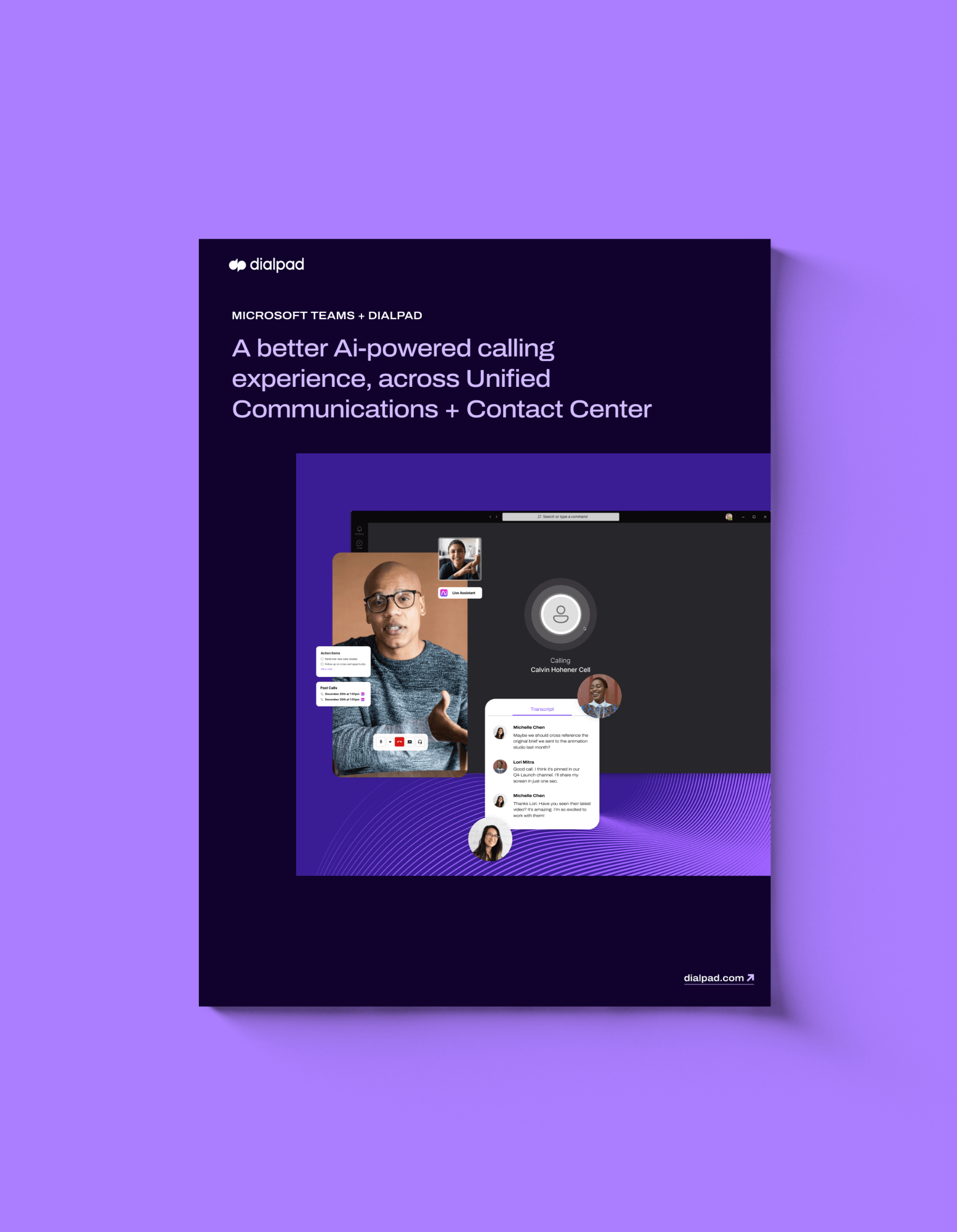Mockup of a brochure titled A better Ai powered calling experience across unified communications contact center