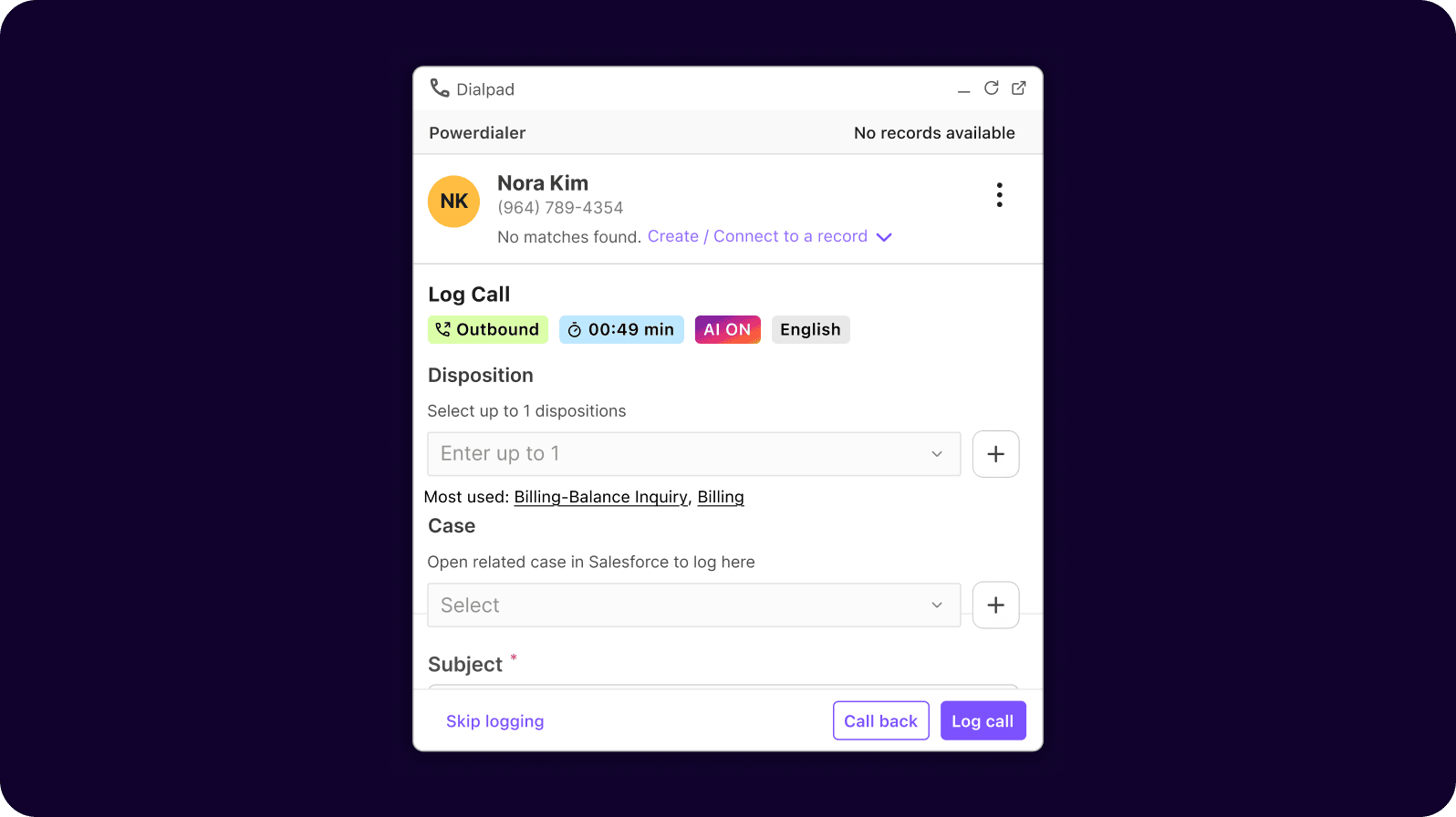 Dialpad's post-call wrap up screen