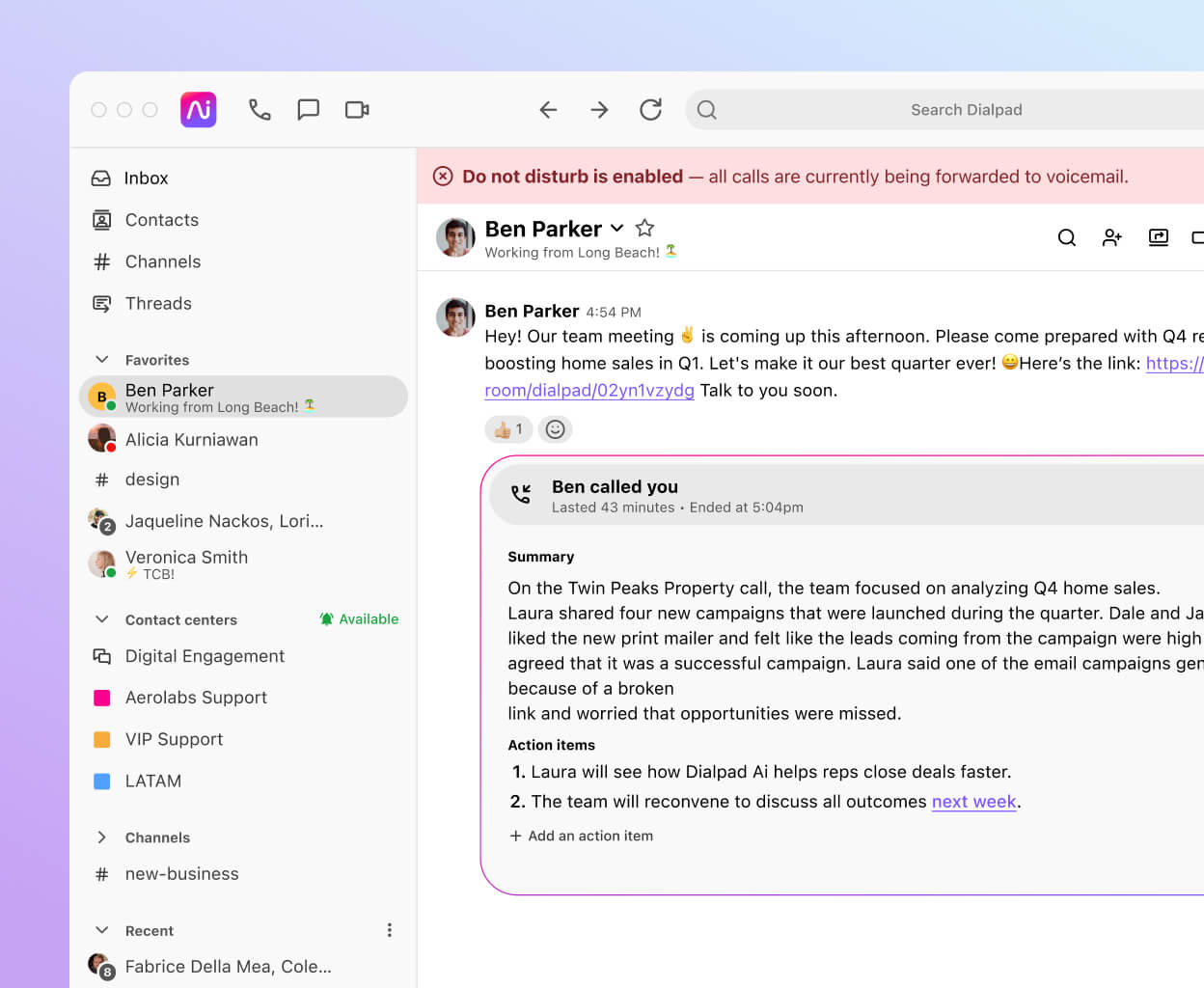 Dialpad's do not disturb feature blocking a call.
