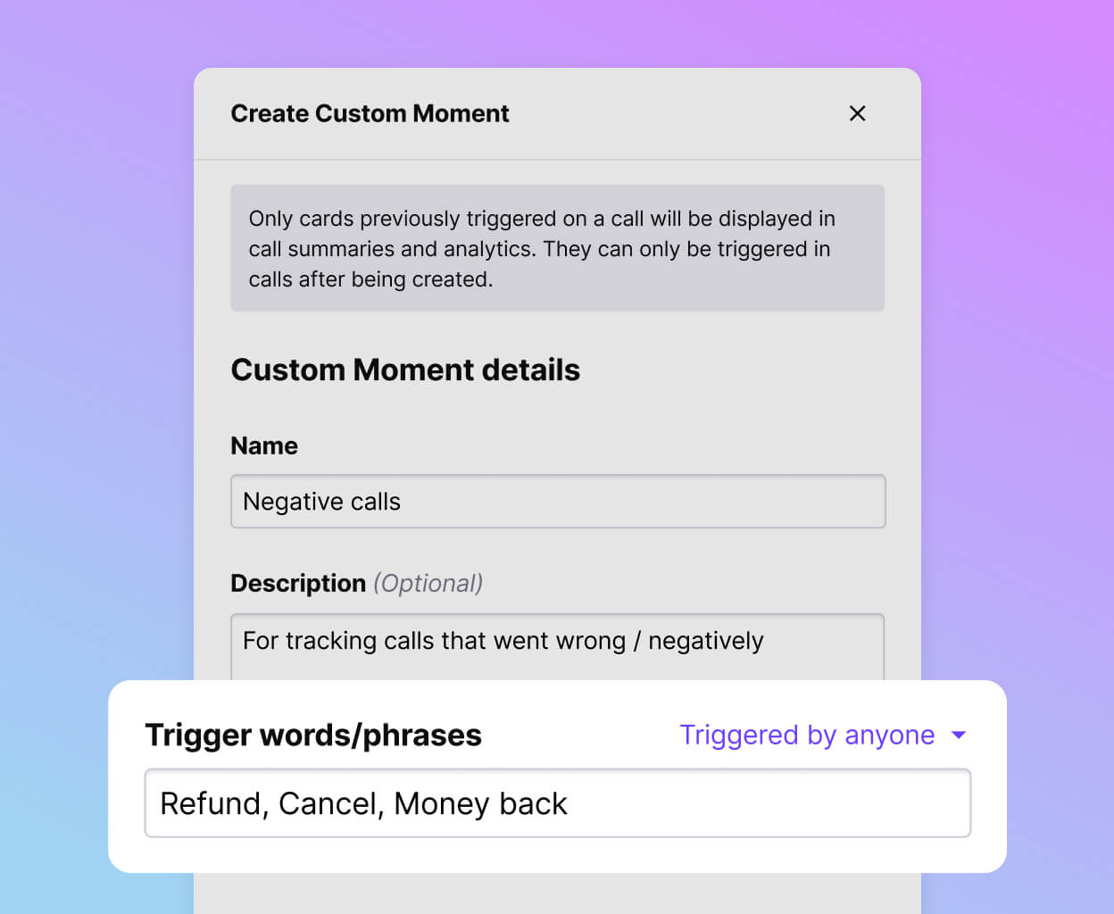 Screenshot of tracking trigger words and phrases that come up during calls using Dialpads Custom Moments feature