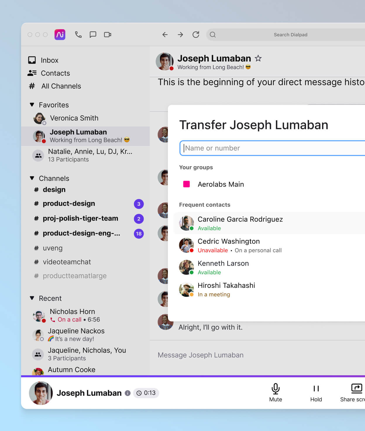 Screenshot showing the call transfer feature in Dialpad