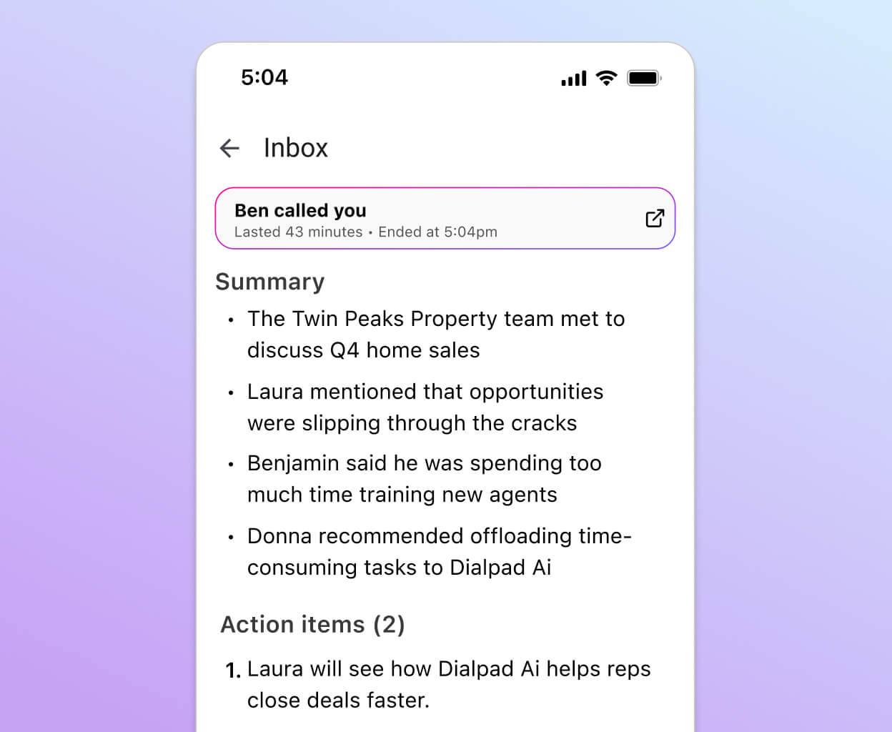 Screenshot of Dialpad AI Recaps generating a summary and action items after a phone call ends