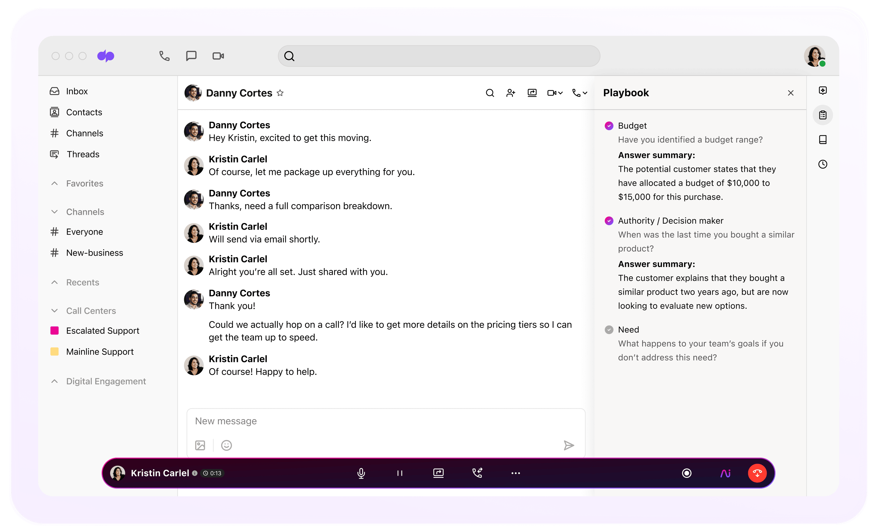 Screenshot of Dialpad AI suggesting BANT sales playbook tasks for a rep in real time