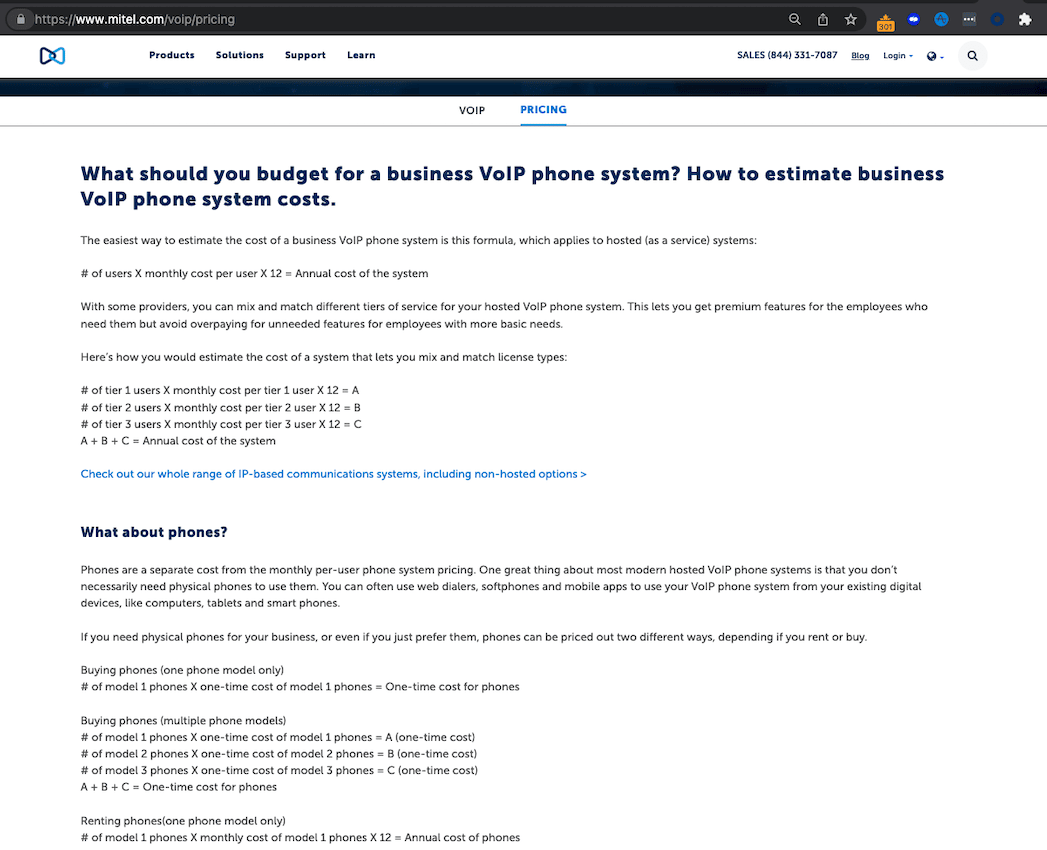 Mitels pricing page