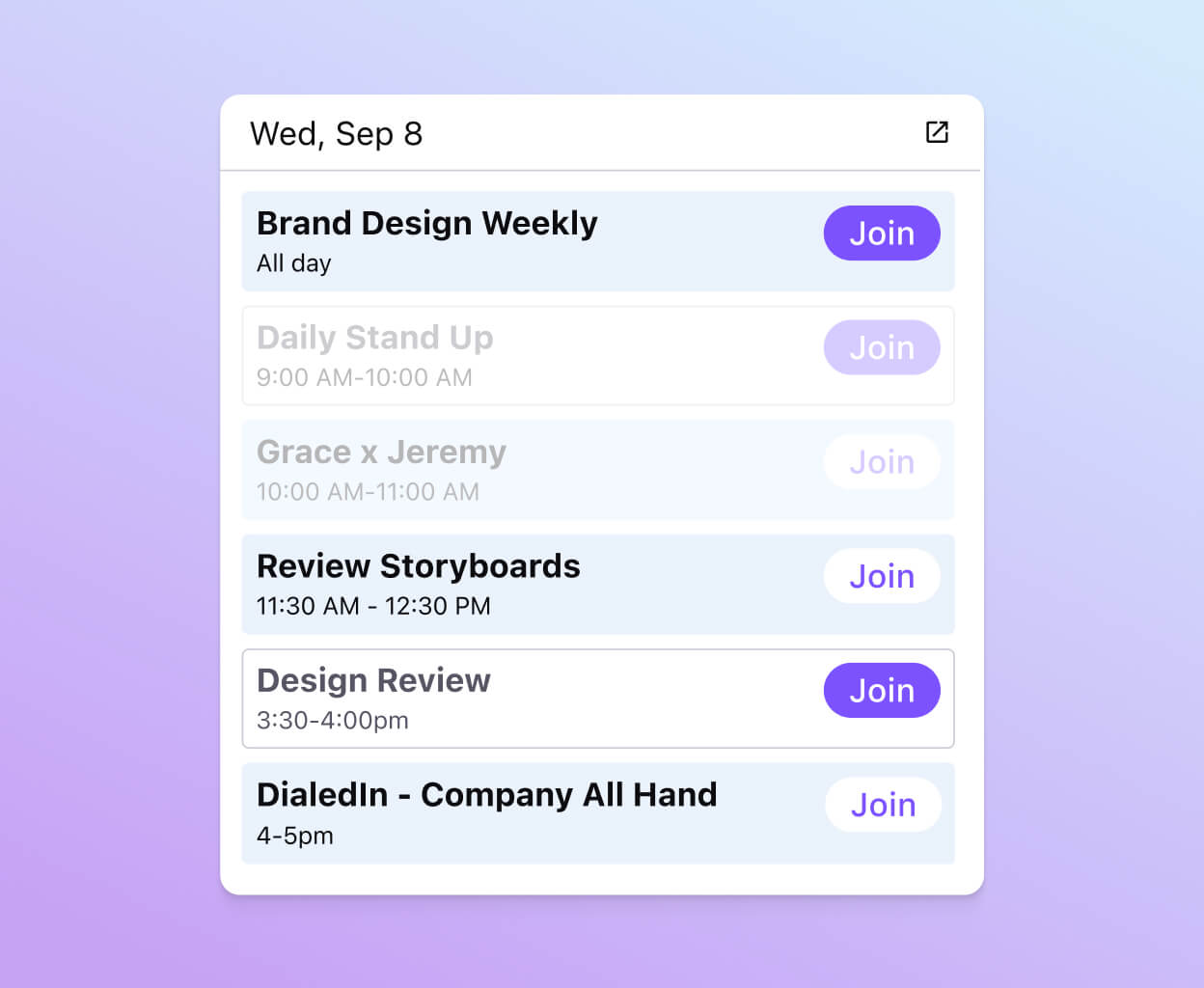 Screenshot showing a list of scheduled meetings in Dialpad
