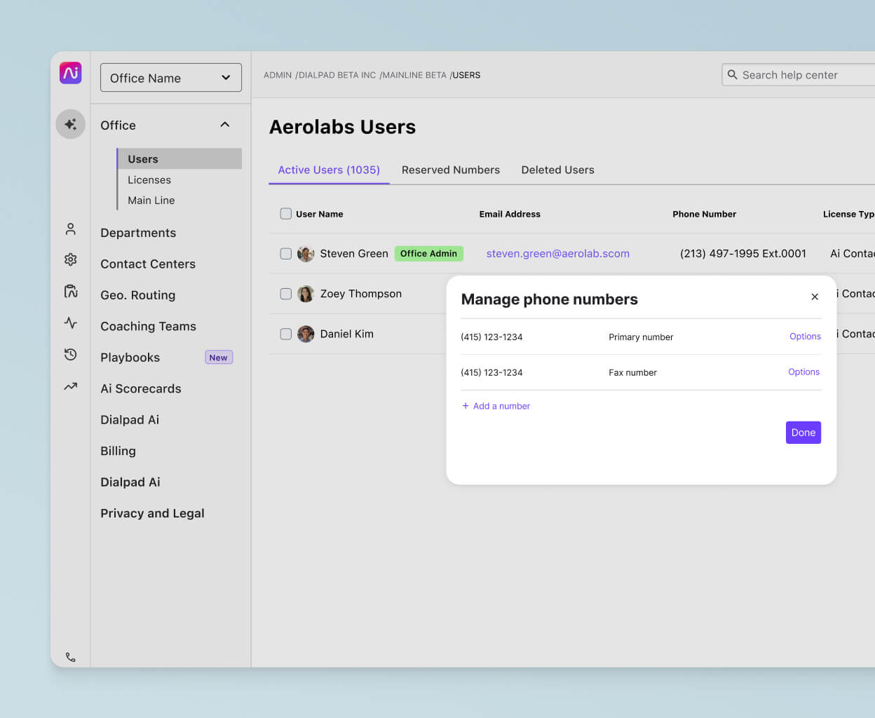 Screenshot of adding and managing phone numbers from Dialpad's online dashboard