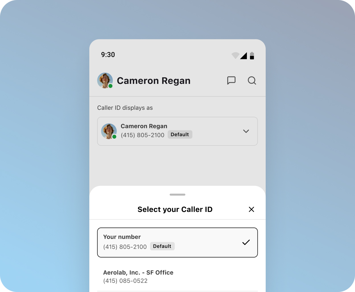 Choosing a caller ID to display when making a work call from one's personal cell phone using Dialpad's app.