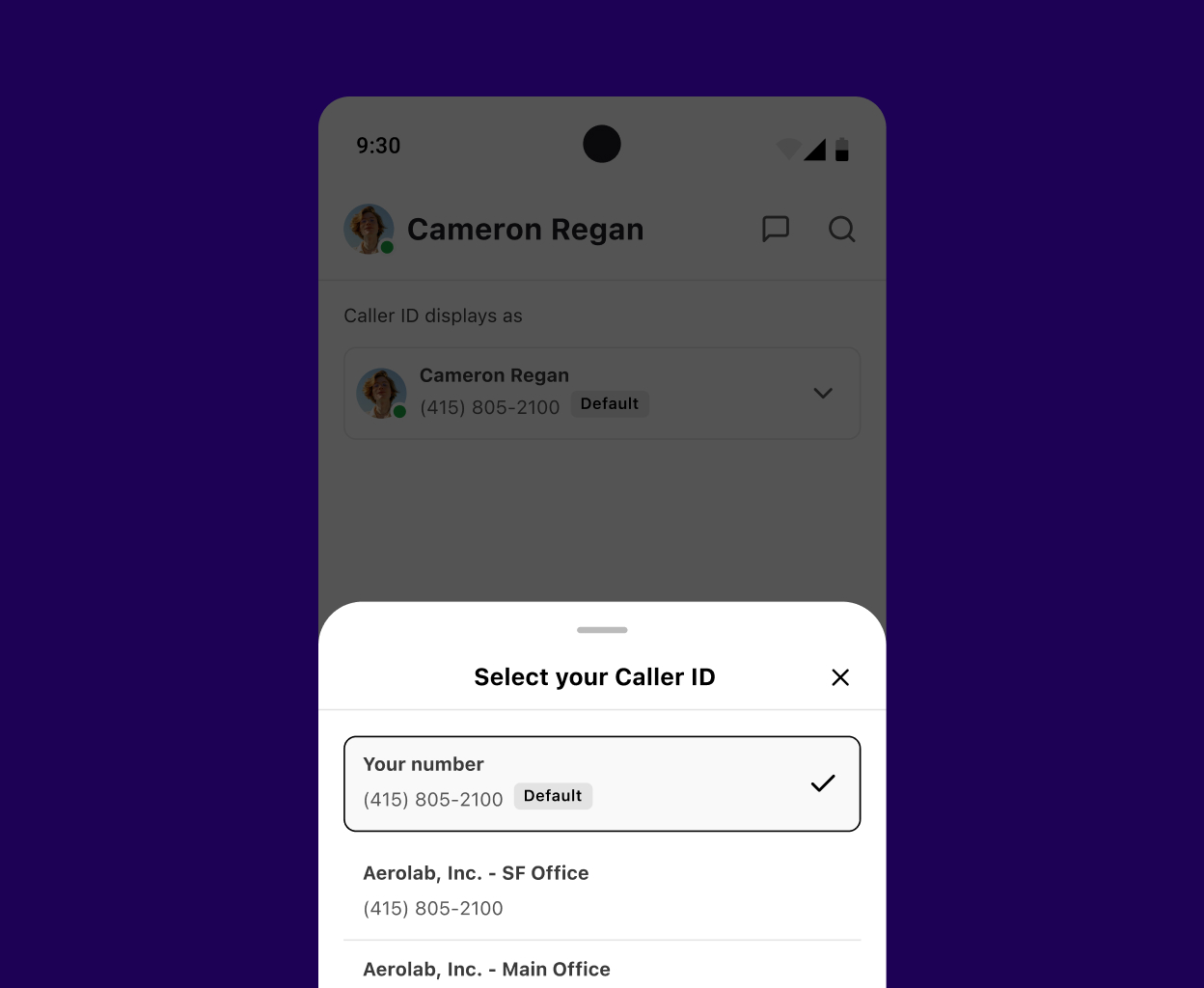 Choosing a caller ID to display when making a work call from one's personal cell phone using Dialpad's app.