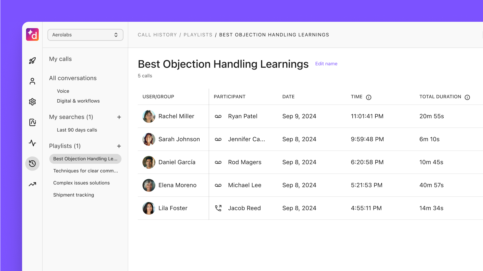 Screenshot of creating a coaching call recording playlist in Dialpad app