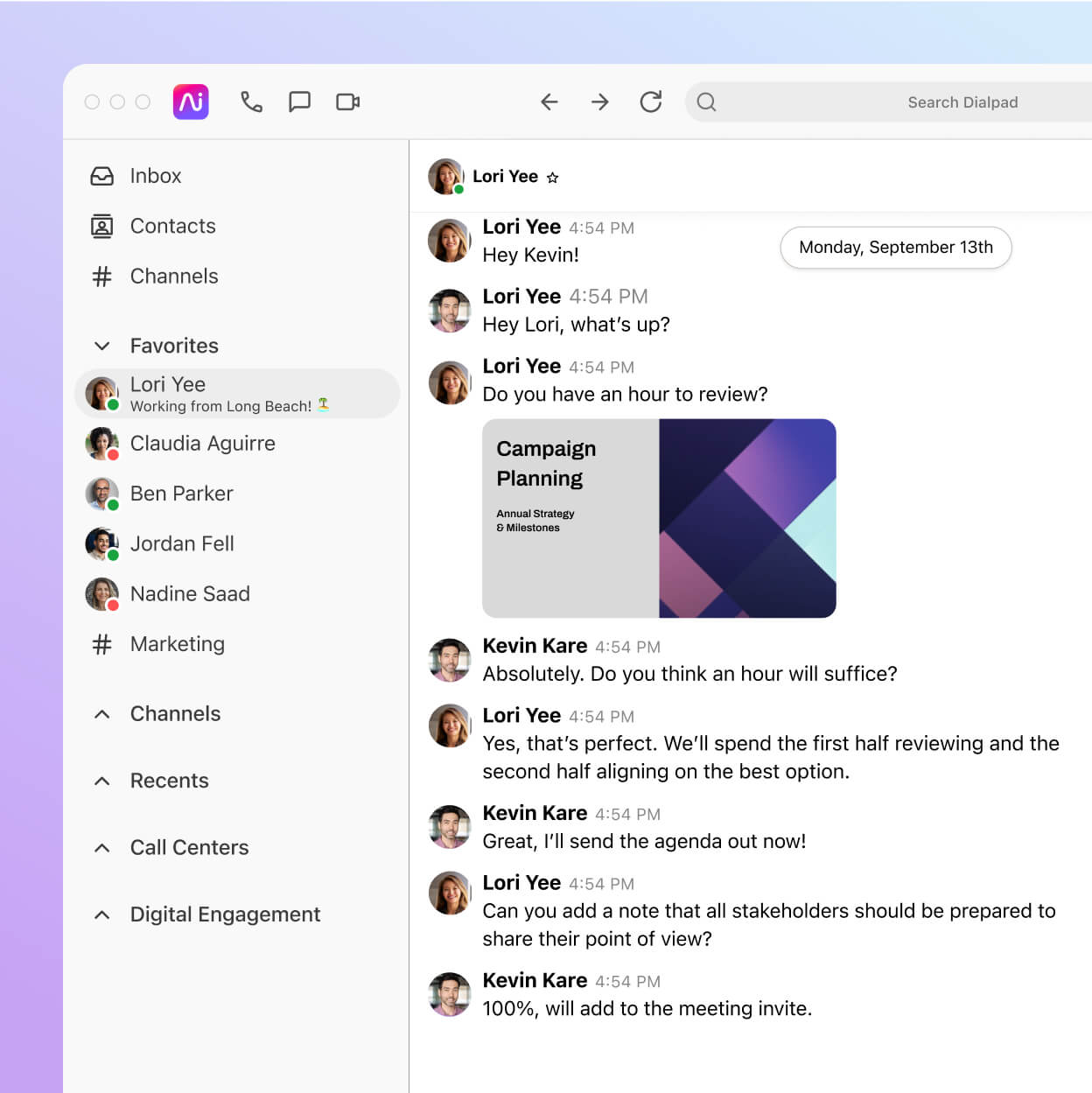 Screenshot of business text messaging features in Dialpad's desktop application