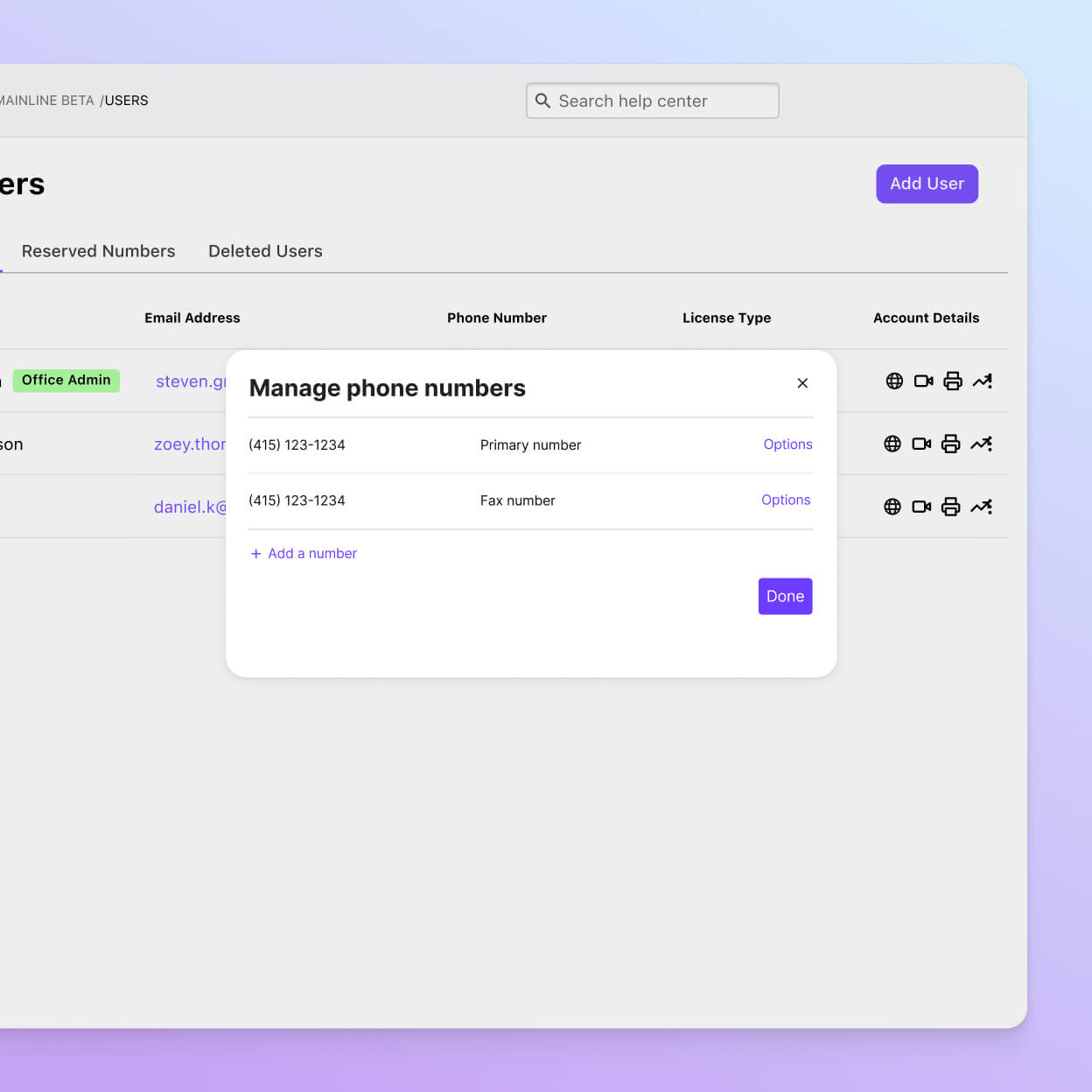 Screenshot of adding and managing phone numbers from Dialpads online dashboard