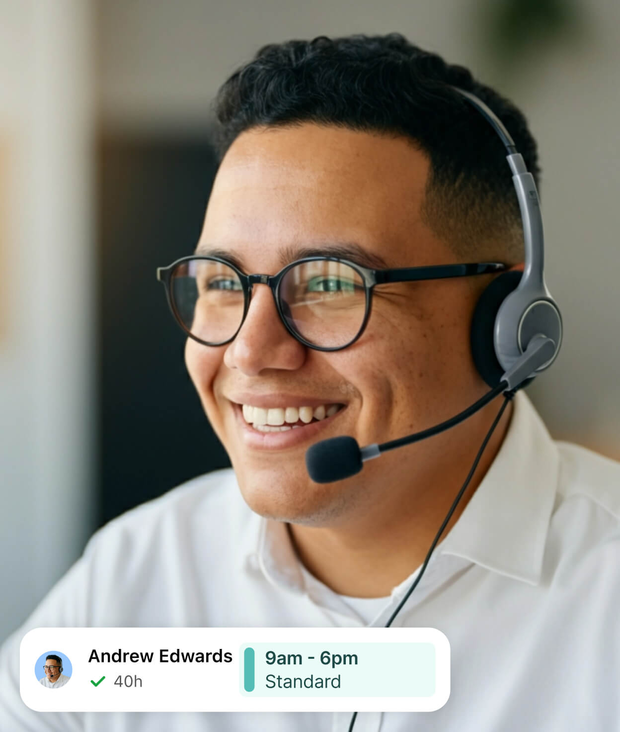 A smiling contact center employee talking to customers with a shift schedule graphic below