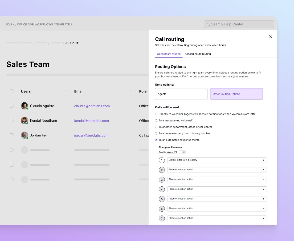 Screenshot of Dialpad's call routing options