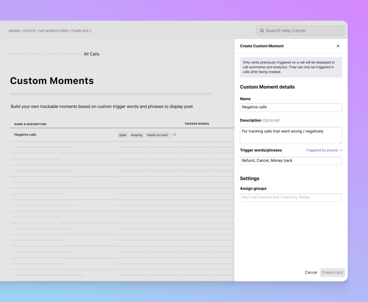 Screenshot of creating a Custom Moment in Dialpad, which tracks how often certain keywords are coming up on calls