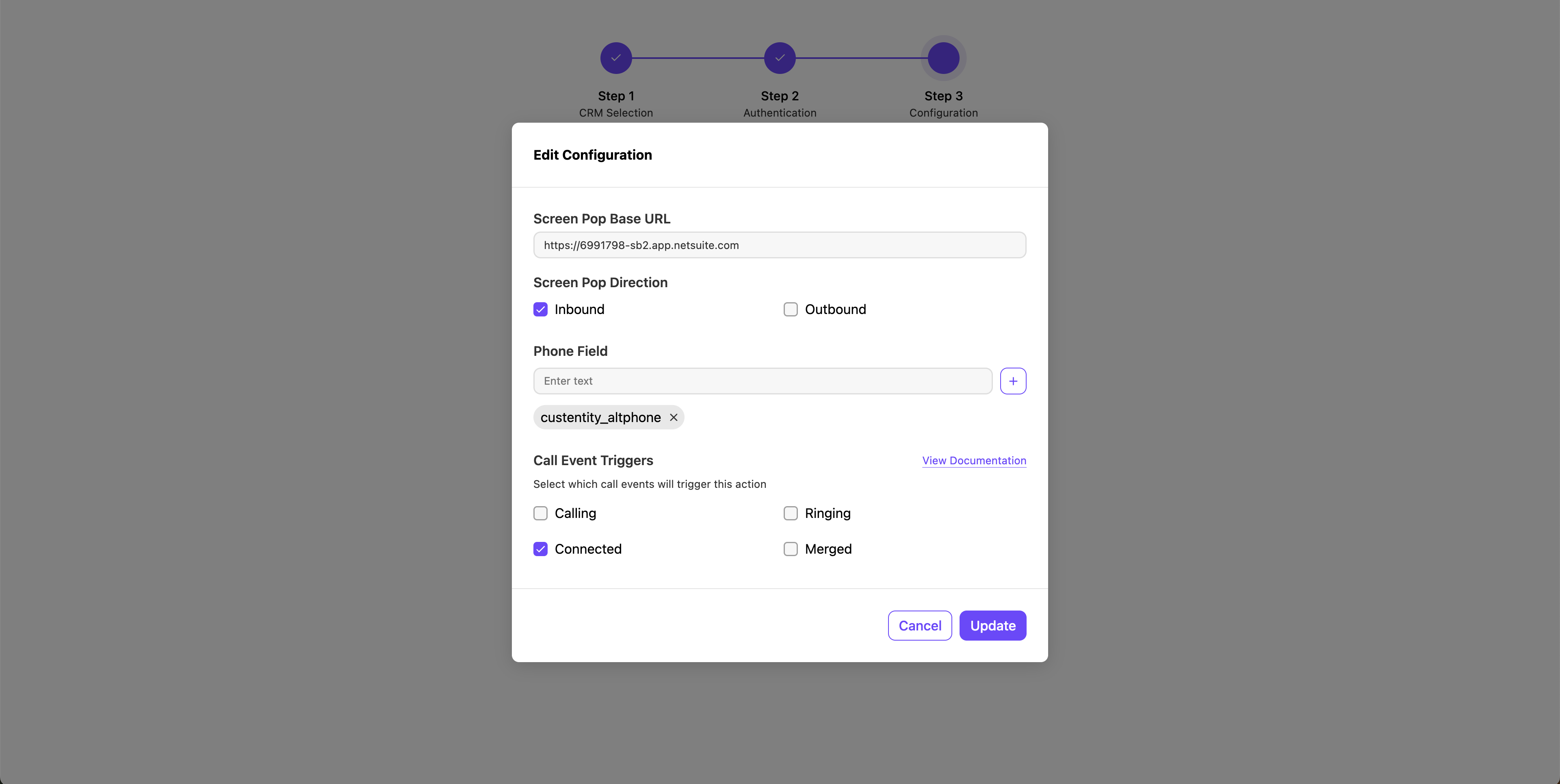 self-enablement step 3 - screen pop config