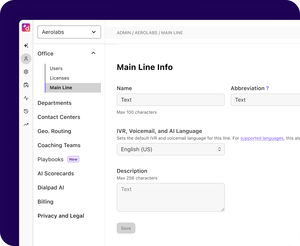 Screenshot of setting up the main line in Dialpad