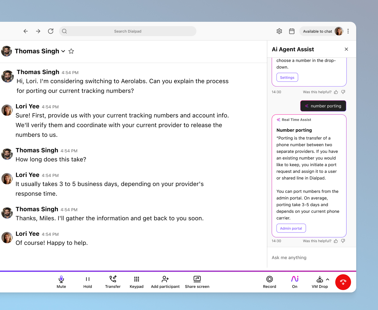 Dialpad's AI Live Coaching Card feature popping up helpful notes for an agent or rep when a tricky question comes up on a call.
