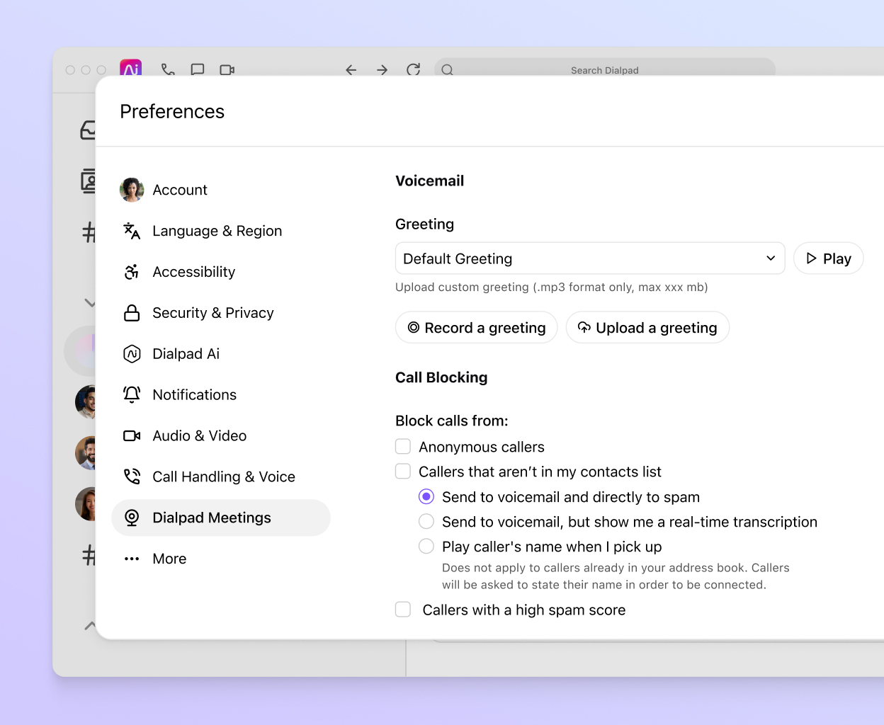 Screenshot of uploading custom greetings to Dialpad from the online dashboard.