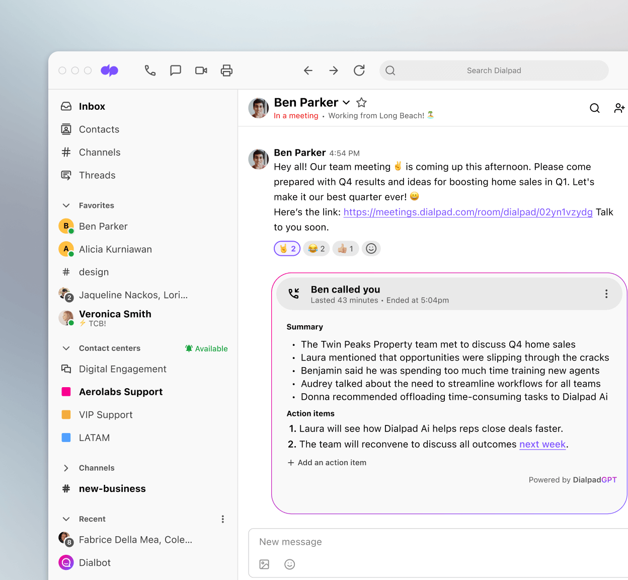 Screenshot of Dialpad Ai Recaps generating a summary and action items after a call