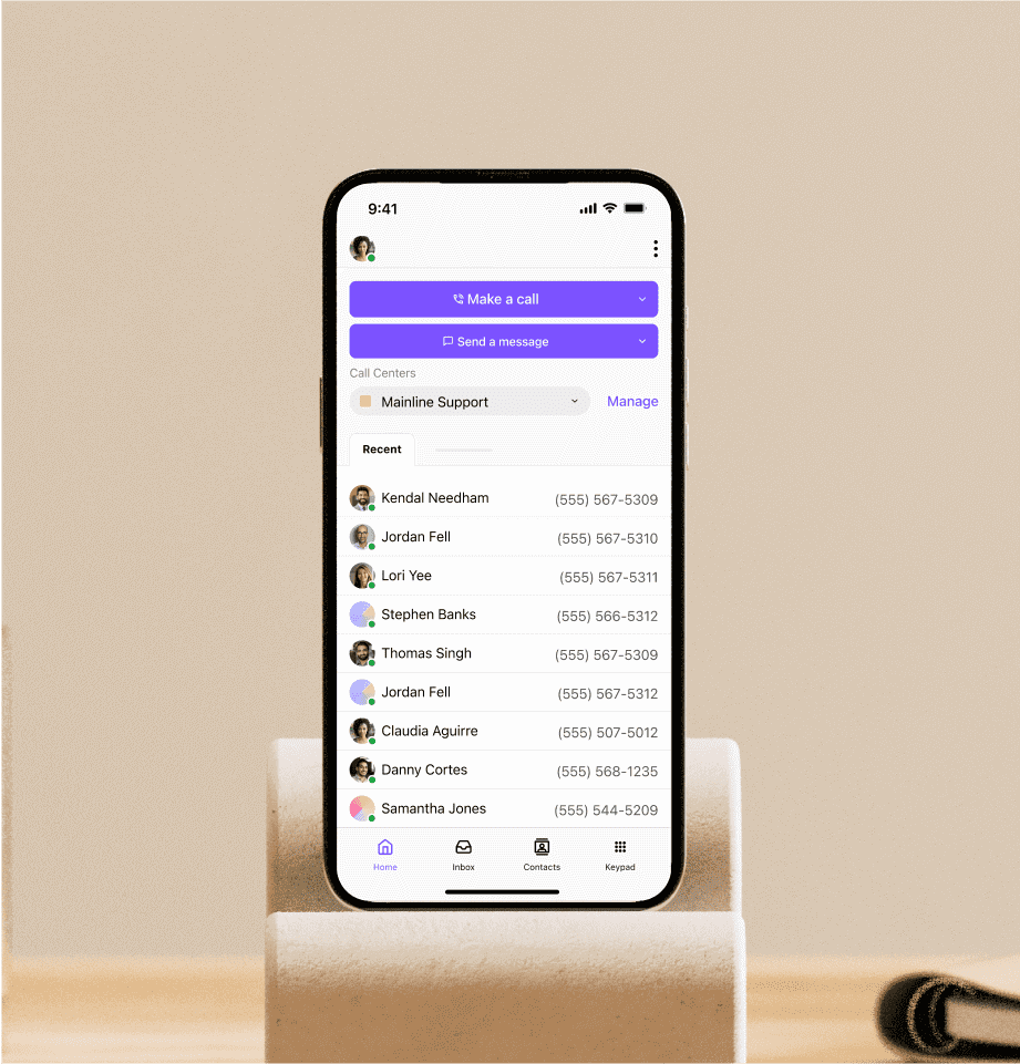 A mobile device showing the UI of the Dialpad integration on the Microsoft Teams app