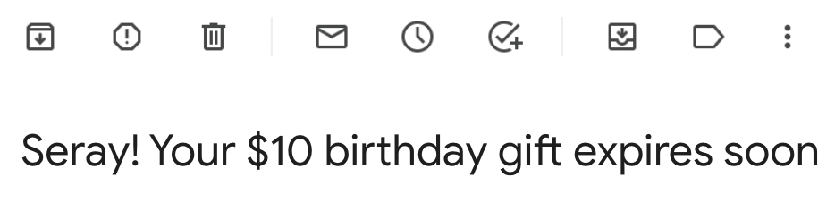 Email headline that mention a $10 birthday gift from brand called Torid