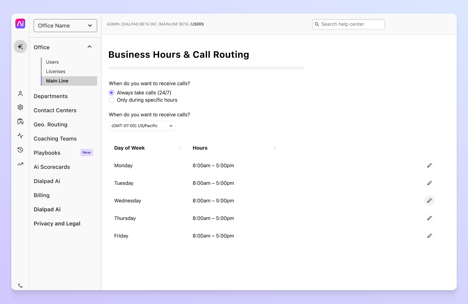 Screenshot of setting business hours for a company in dialpads dashboard